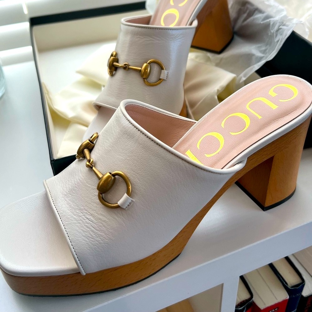 GUCCI Womens Houdan Leather Horsebit Platform Wood Clog Mule Sandals NEW
